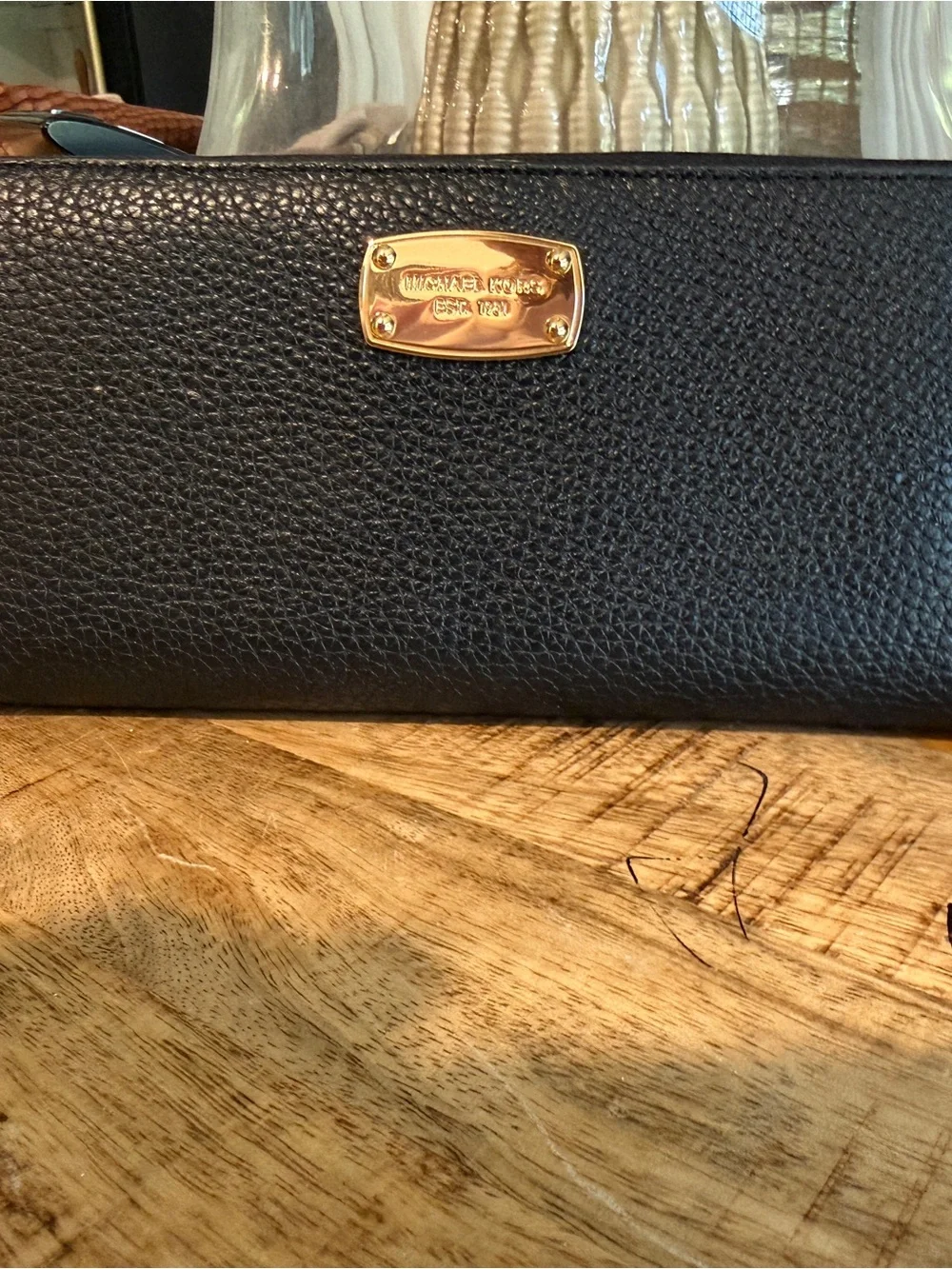 Michael Kors Black Pebbled Leather Wallet with Gold Plaque